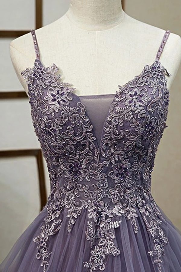 A line V neck Purple Tulle Spaghetti Straps Prom Dress With Lace Appliques KPP1372