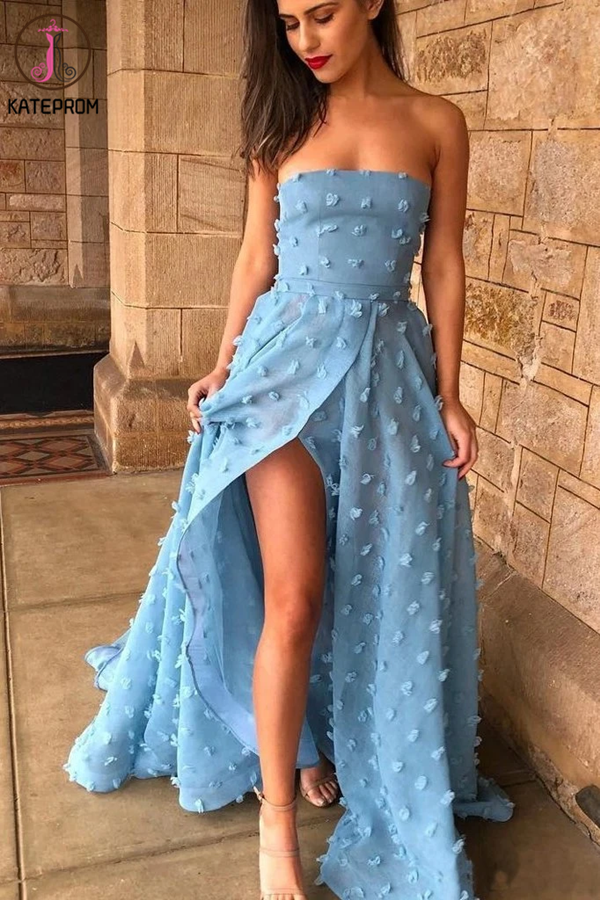 Appliques Sexy A line See Through Strapless Slit Backless Blue Prom Dresses KPP1314
