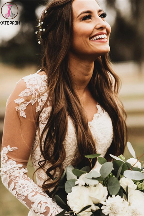 Elegant Mermaid Wedding Dresses Long Sleeves Lace Bridal Gowns KPW0630