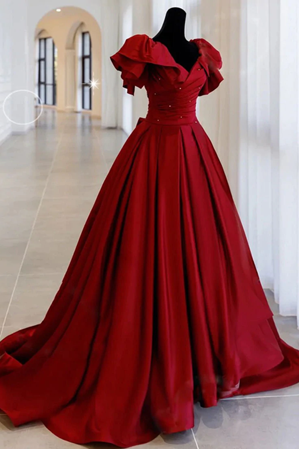 Burgundy Off Shoulder Satin Long Prom Evening Dress KPP1612