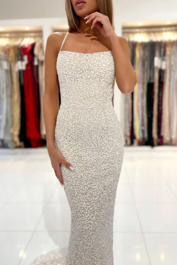 Spaghetti Straps Pearl White Prom Dresses Sparkly Sheath Formal Dress KPP1663