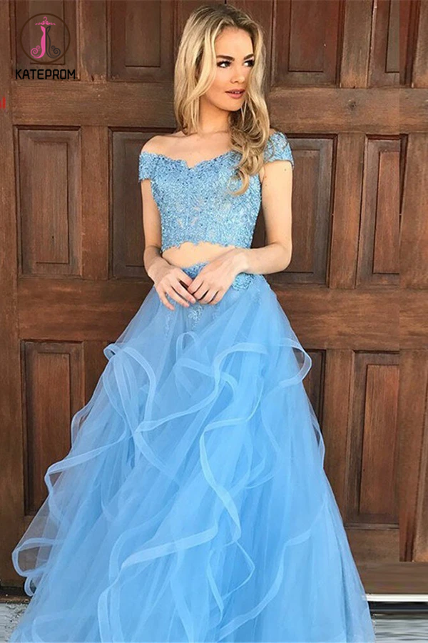 Sky Blue Tulle Two Piece Off the Shoulder Prom Dresses with Appliques KPP1353