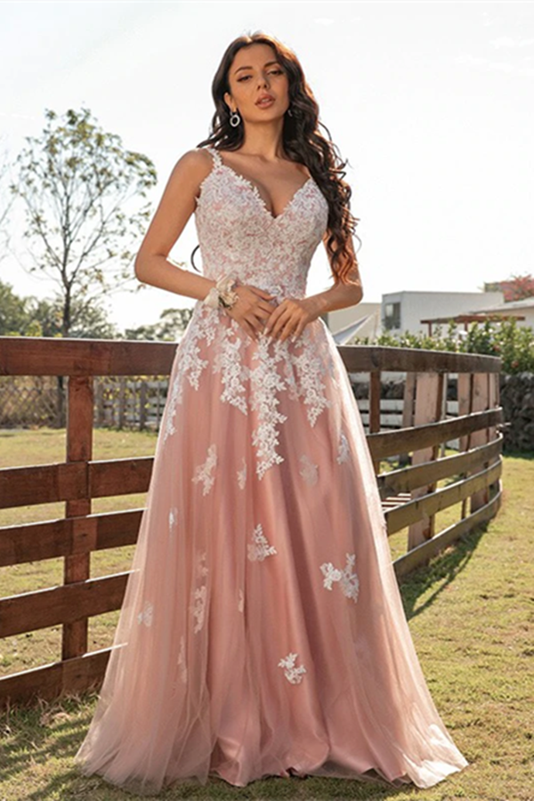 Chic A line Spaghetti Straps V neck Tulle Long Lace Prom Dress Applique Evening Dress KPP1577