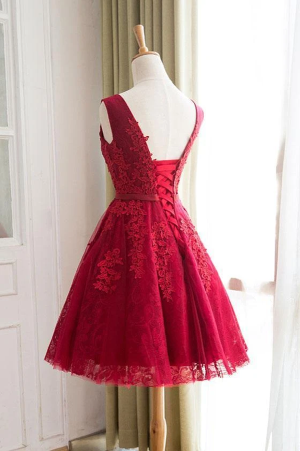 Cute A Line Red Sweetheart Lace Appliques Sleeveless Lace up Homecoming Dresses KPH0554