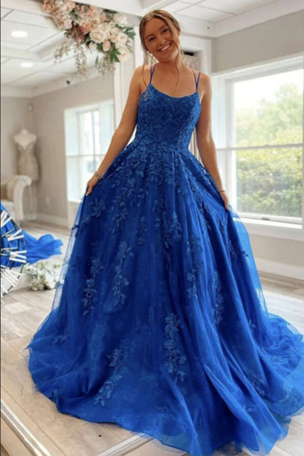 Blue Tulle Lace A line Scoop Lace Up Long Prom Dresses, Evening Gown KPP1549