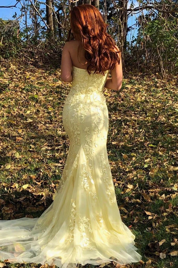 Mermaid Strapless Appliques Yellow Prom Dresses With Slit Evening Dresses KPP1439