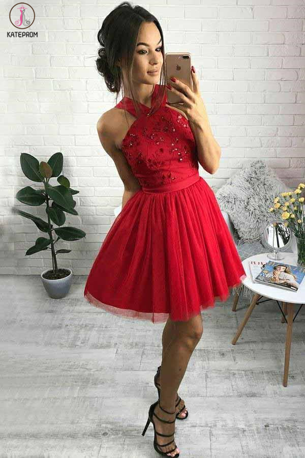 Cute Red Tulle Short Homecoming Dress with Beading, A Line Sweetheart Short Prom Dress KPH0512