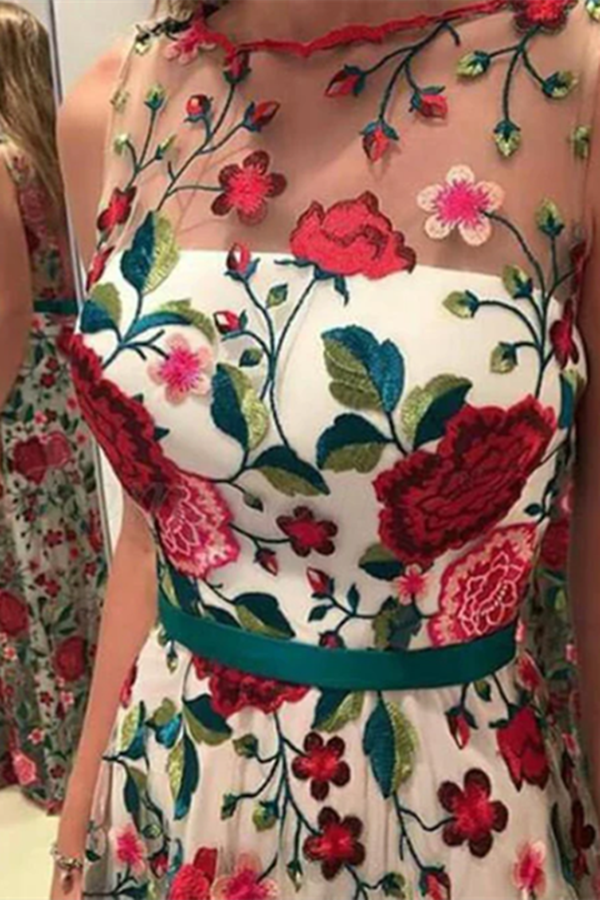 Fabulous Scoop A line Lace Rose Floral Embroidery Long Prom Dresses KPP1629