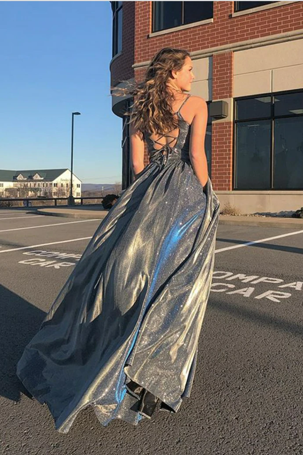 Grey Long Satin Prom Dresses for Teens Stunny Evening Dress KPP1518