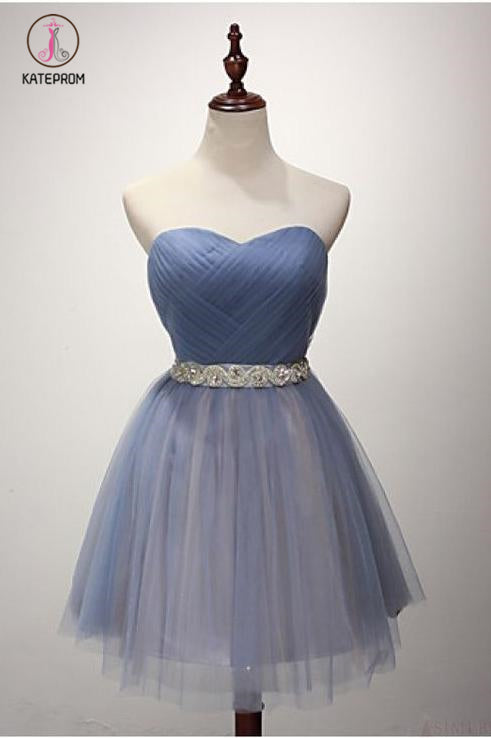 A-line Strapless Short Tulle Sash Homecoming Cocktail Party Dresses for Teens KPH0279