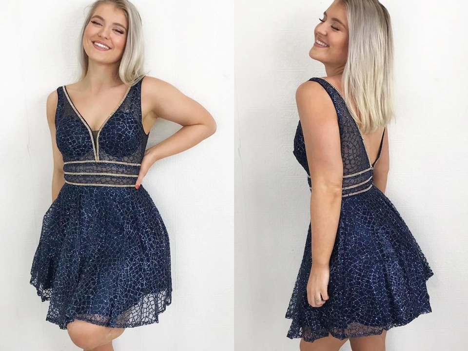 Sparkling A Line V Neck Sequins Navy Blue Homecoming Dress With Beads KPH0593