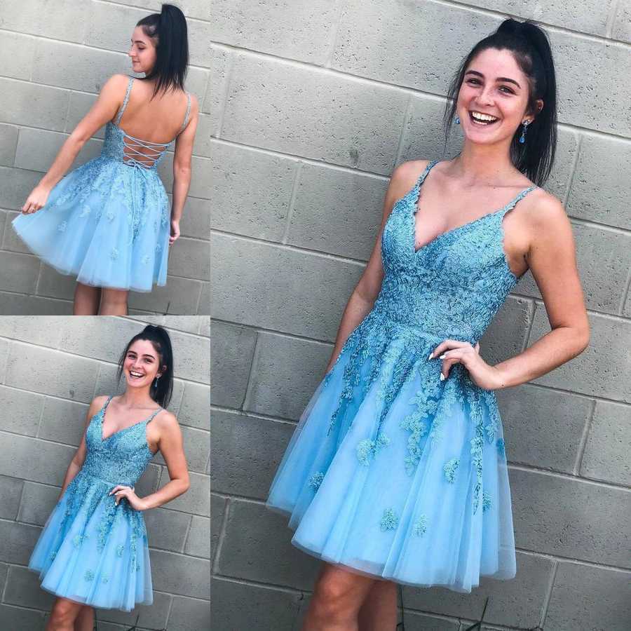 A Line V Neck Lace Appliques Tulle Sky Blue Homecoming Dress, Short Prom Dress With Straps KPP1440