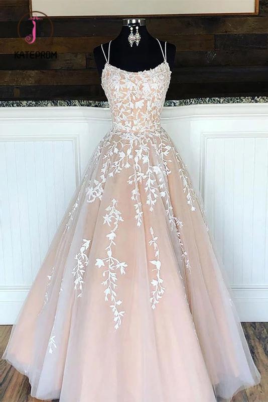 Puffy Spaghetti Straps Floor Length Prom Dress with Appliques, Long Evening Dress KPP1012