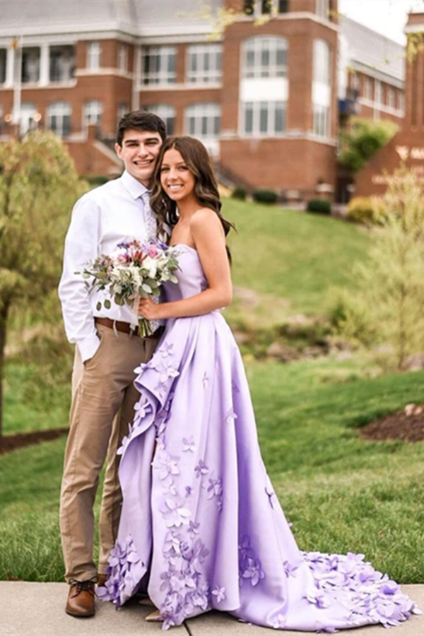 Graceful Satin Sweetheart Neckline High Low Length A line Prom Dresses With Appliqued KPP1450