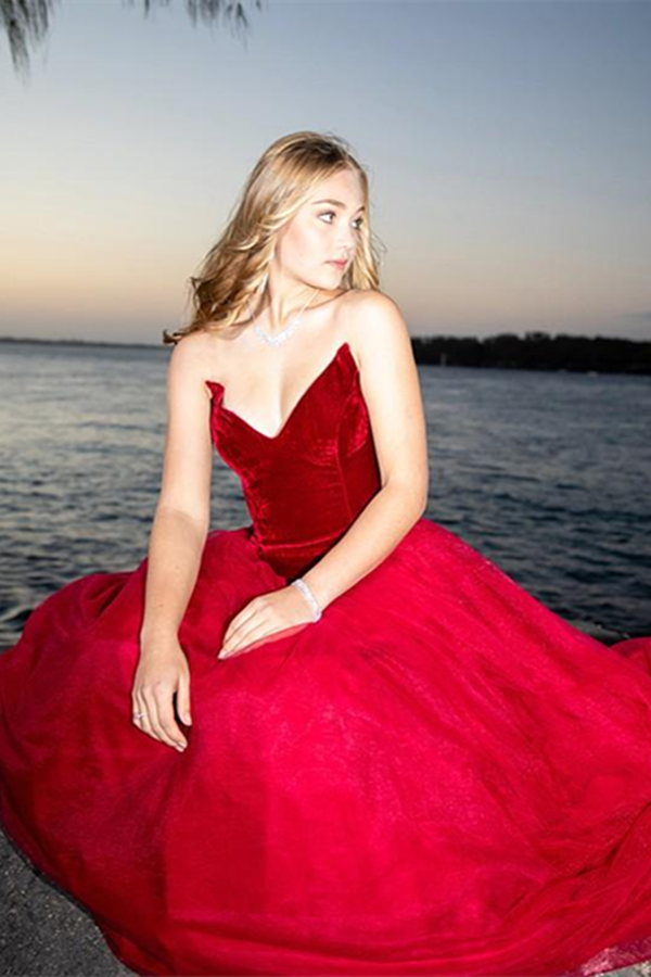 Burgundy A Line Tulle Strapless Prom Dress Long Formal Ball Dress, Evening Dress KPP1429