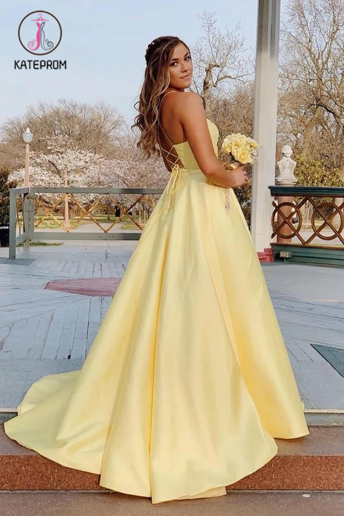 Daffodil Spaghetti Straps Backless Long Satin Prom Dresses With Pockets KPP1251