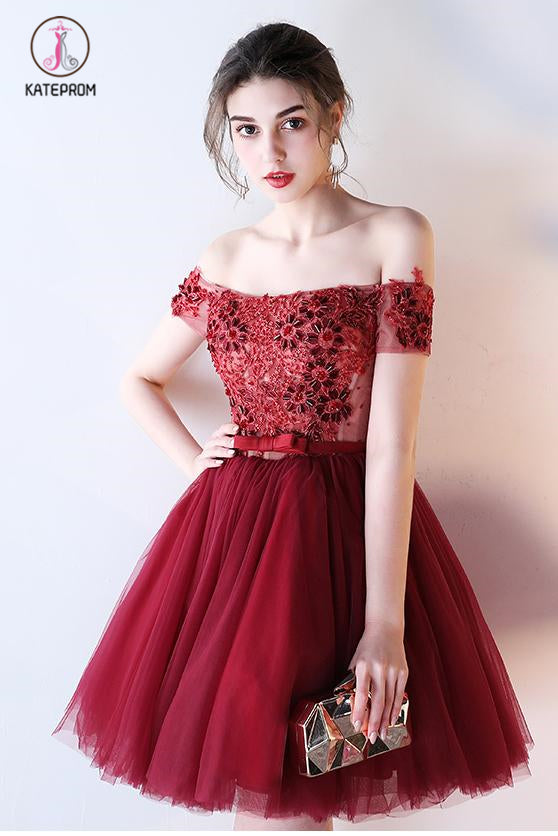 Dark Red Off the Shoulder Short Prom Dress with belt, Short Beading Homecoming Dress KPH0289