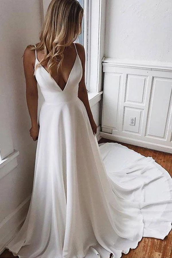 White Chiffon A-line V-neck Lace Spaghetti Straps Sweep Train Wedding Dress KPW0670