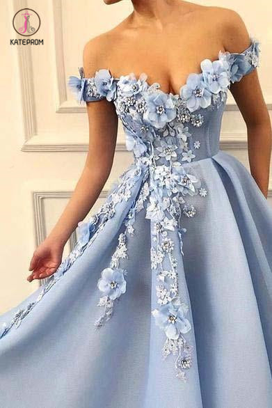 A Line Off the Shoulder Prom Dress with Flowers, Long Party Dress with Appliques KPP0819