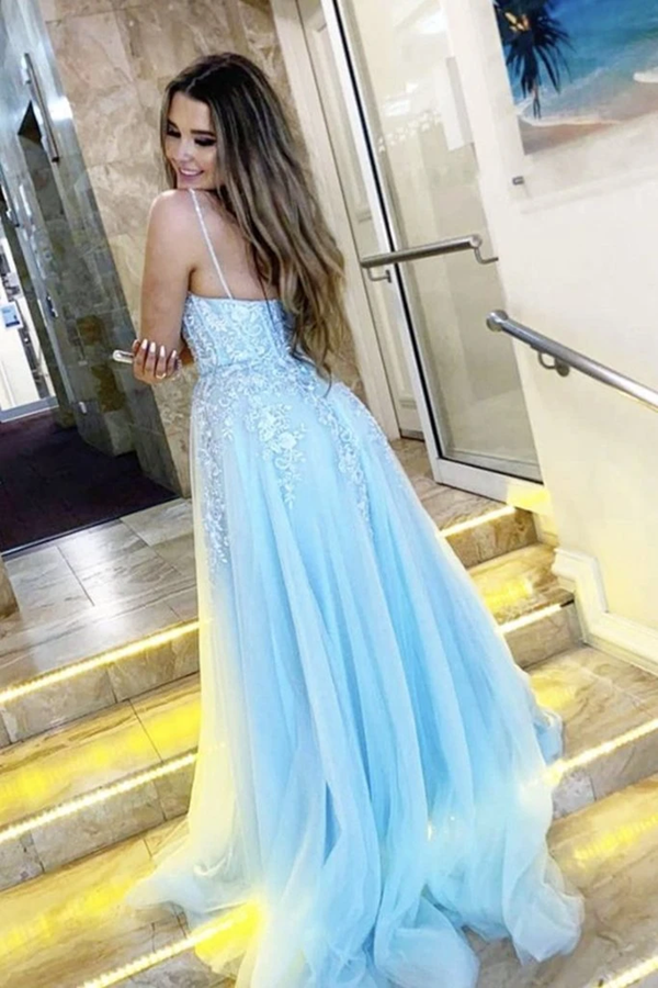 A Line V Neck Light Blue Lace Appliques Long Prom Dress, Spaghrtti Straps Formal Evening Dress KPP1451