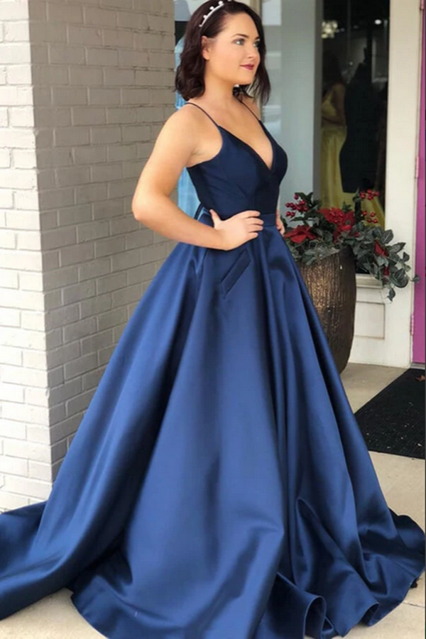 Simple Satin A Line V Neck Spaghetti Straps Prom Dresses With Chapel Train KPP1489