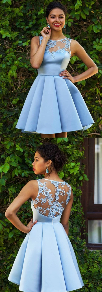 Chic Sleeveless A Line Knee Length Satin Lace Applique Homecoming Dresses KPH0591