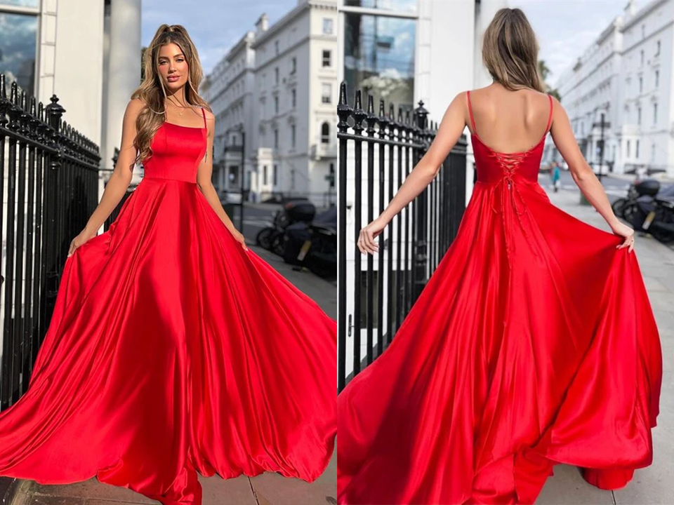 Spaghetti Straps Red A line Long Prom Dresses For Teens KPP1474