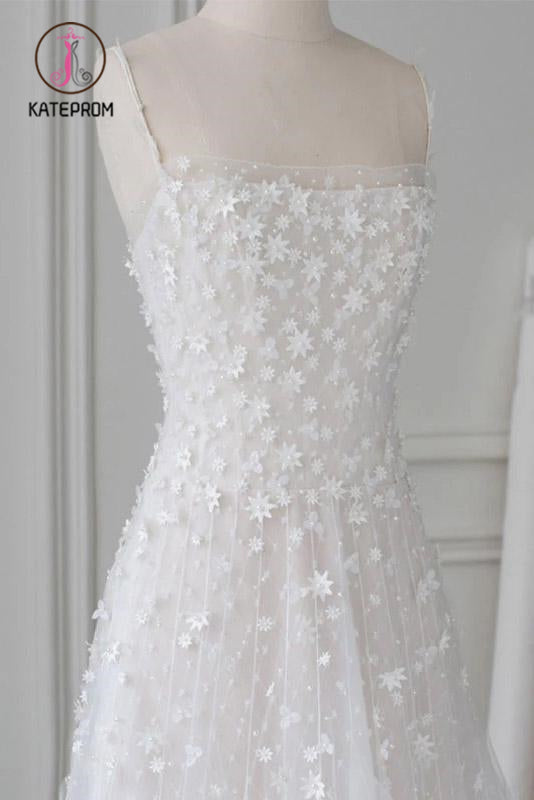 White Spaghetti Straps Lace Tulle Evening Dress, Floor Length Prom Dress with Beads KPP1007