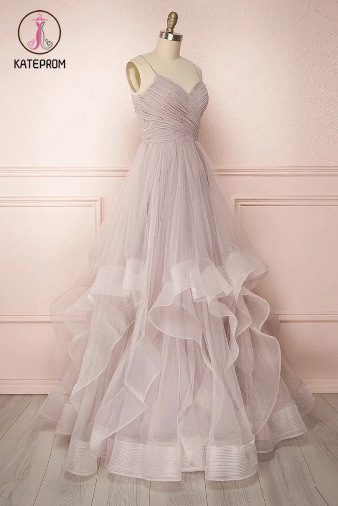 Spaghetti Straps Pleated Floor Length Tulle Prom Dress, A Line Long Evening Dresses KPP1246