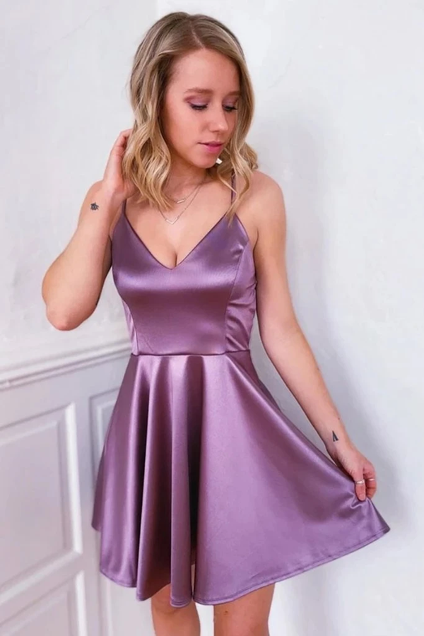 Cute V Neck Purple Short Prom Dress A Line Satin Homecoming Dress, Graduation Evening Dress KPH0560