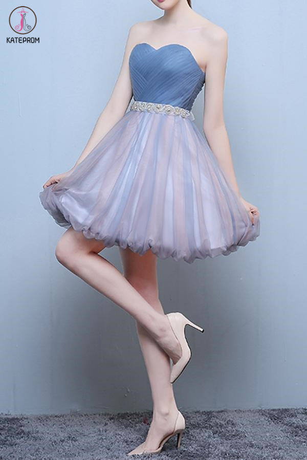 Princess Steel Blue Sweetheart Tulle Short Homecoming Dress, Cute Prom Dress with Beads KPH0456