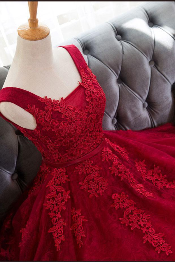 Cute A Line Red Sweetheart Lace Appliques Sleeveless Lace up Homecoming Dresses KPH0554