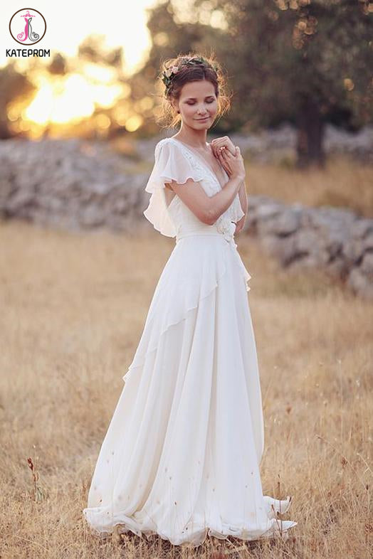 Ivory V Neck Chiffon Boho Wedding Dress, Unique Cap Sleeves Beach Wedding Dress with Ruffles KPW0564