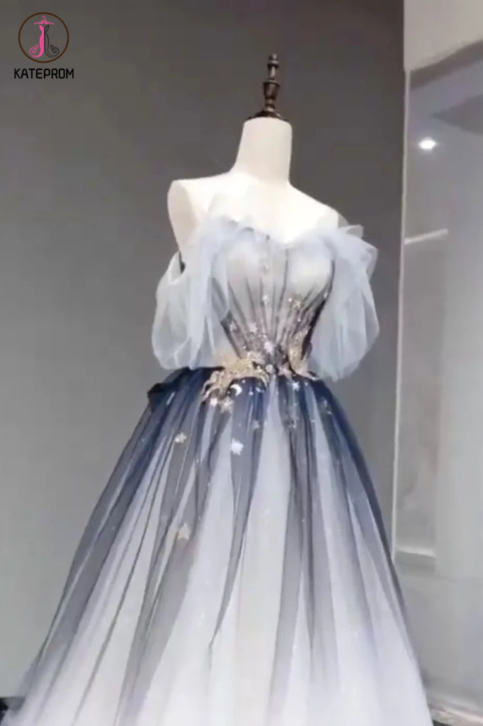 A Line Off the Shoulder Ombre Prom Dress, Long Tulle Prom Dress with Saprkles KPP1288