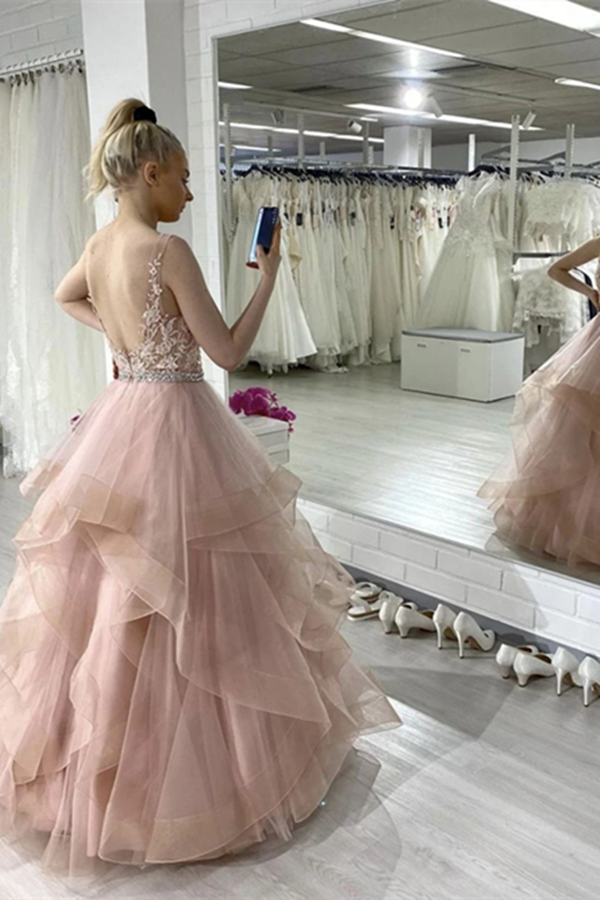 Pink Sleeveless A Line Tulle Lace Sweet 16 Dress Prom Dress KPP1479