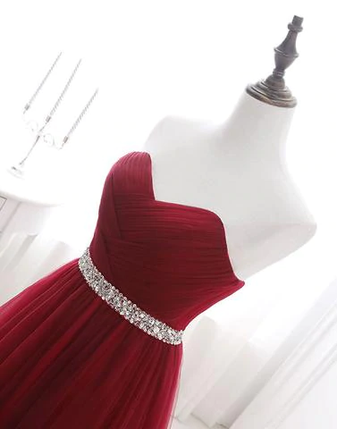Chic A line Sweetheart Burgundy Tulle Simple Sleeveless Long Prom Dress Evening Dress KPP1559