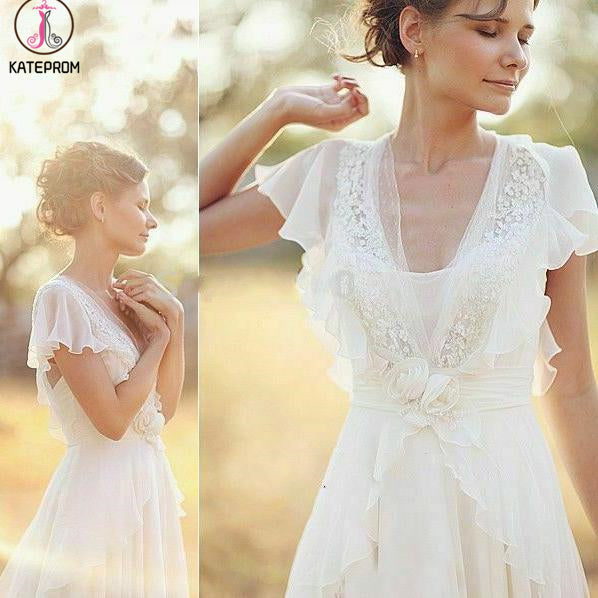 Ivory V Neck Chiffon Boho Wedding Dress, Unique Cap Sleeves Beach Wedding Dress with Ruffles KPW0564