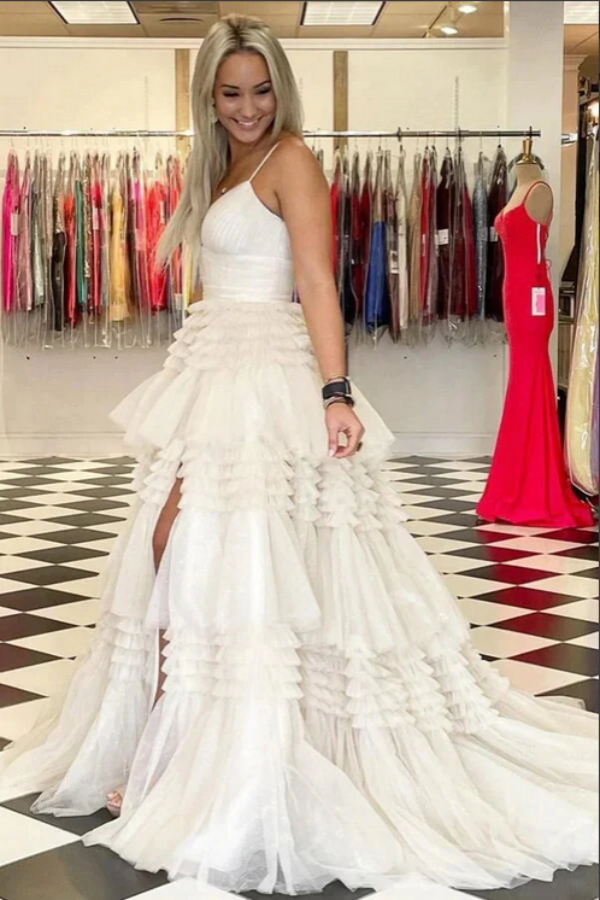 Ivory Ball Gown Tulle Spaghetti Straps V Neck Long Prom Dresses With Slit KPP1697