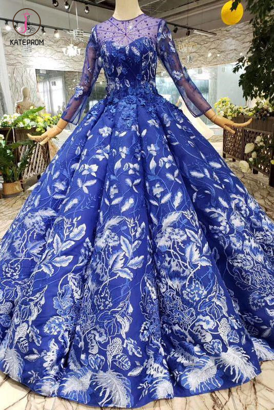Blue Ball Gown Floral Prom Dress with Long Sleeves, Appliqued Long Quinceanera Dress KPP0851