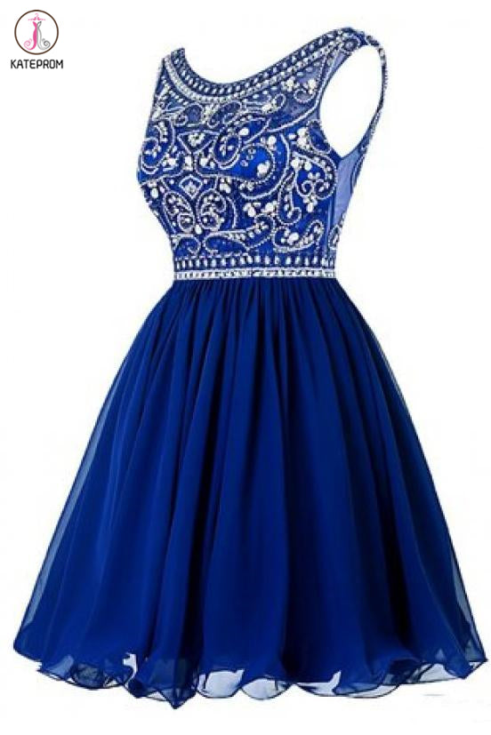 A Line Royal Blue Beading Bodice Knee Length Chiffon Homecoming Dresses KPH0447