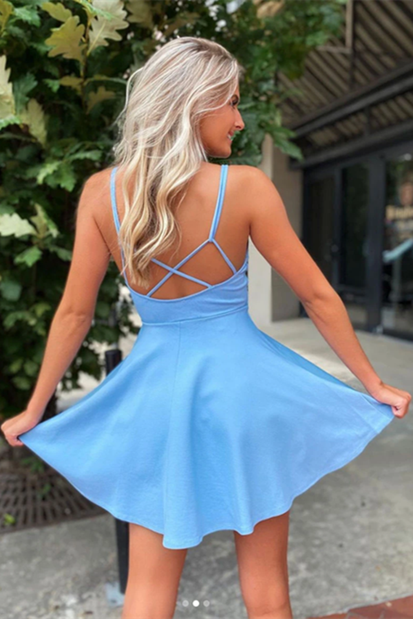 Simple Blue V Neck Short Prom Dress Blue Cocktail Dress, New Homecoming Dress KPH0549