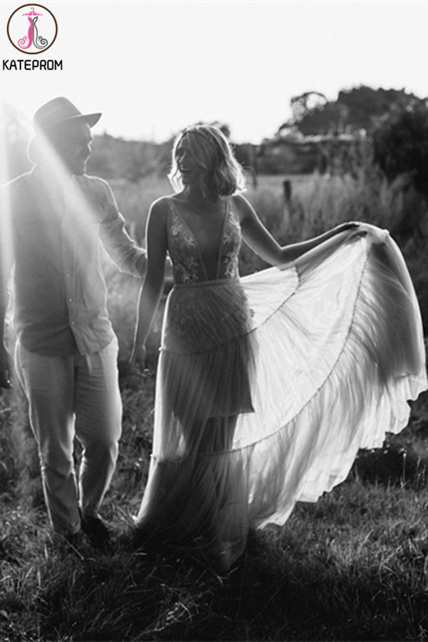 Attractive V neck Appliques A Line Rustic Backless Wedding Dress KPW0628