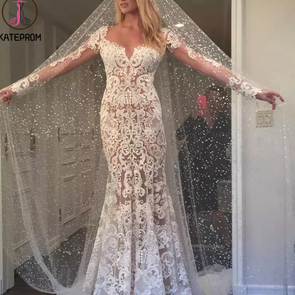 Romantic Long Appliques Backless Lace Mermaid Ivory Long Sleeve Wedding Dresses KPW0605