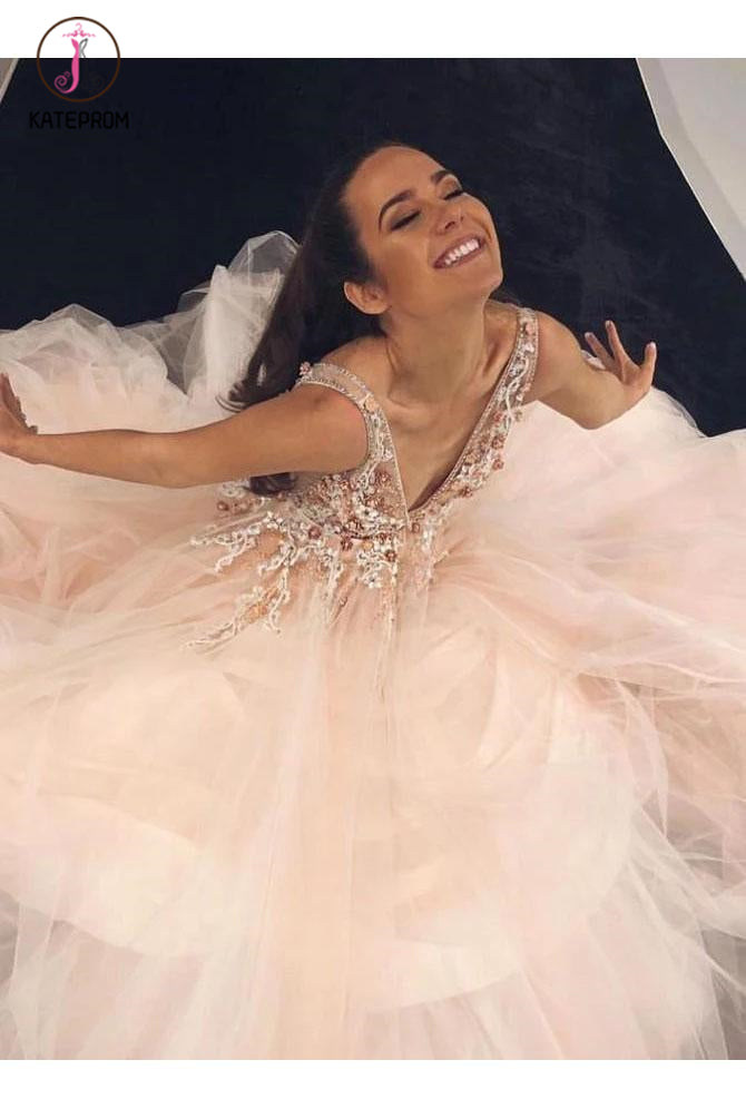 Light Pink V Neck Sleeveless Tulle Prom Dress with Flowers and Beads KPP1101