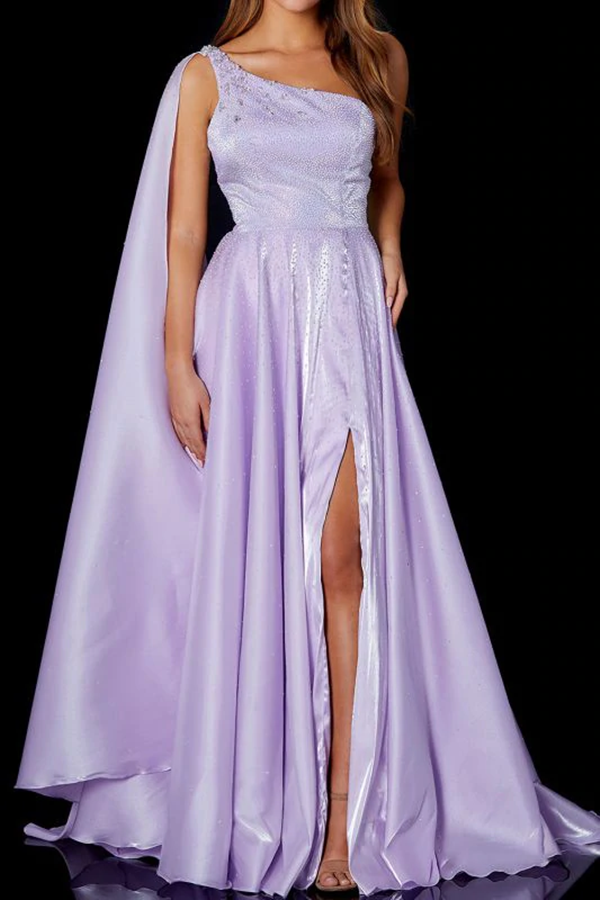 A Line One Shoulder Satin Split Front Floor Length Prom Dress KPP1517