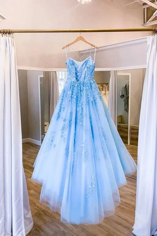 Blue Tulle Long Backless A Line Prom Dress Evening Dress KPP1368