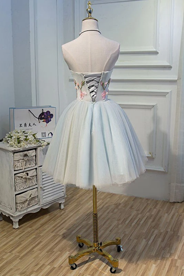 Cute Blue Strapless Tulle Homecoming Dresses with 3D Flowers Lace up Dance Dresses KPH0599