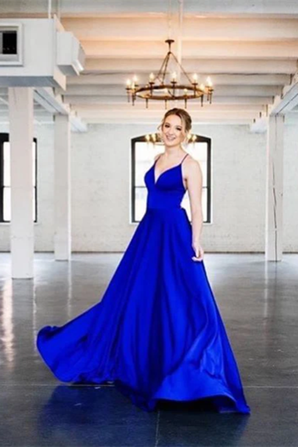 Chic A Line Spaghetti Straps V Neck Prom Dresses Evening Dresses KPP1467