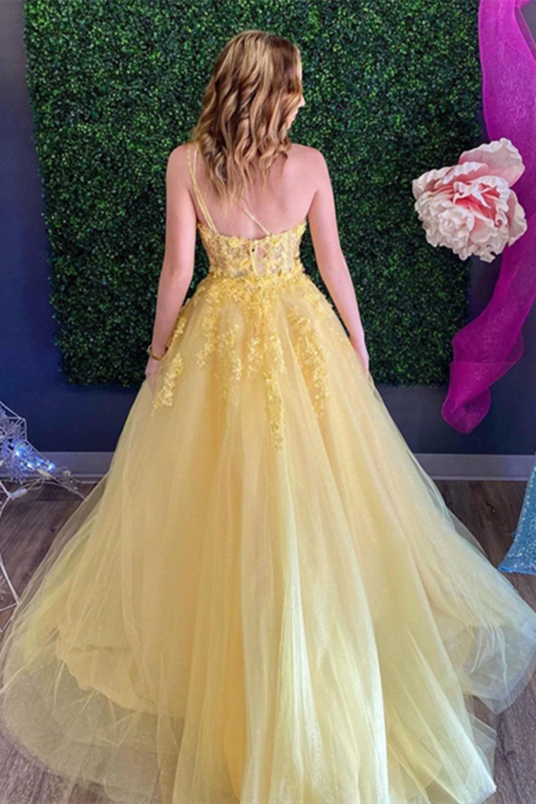 Chic A Line One Shoulder Yellow Tulle Sleeveless Prom Dress Applique Long Evening Dress KPP1519