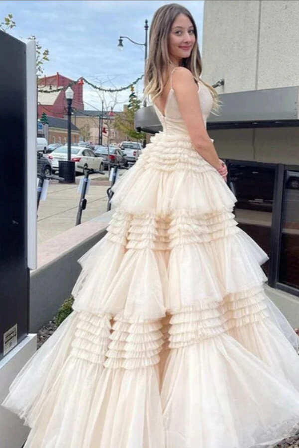 Ivory Ball Gown Tulle Spaghetti Straps V Neck Long Prom Dresses With Slit KPP1697